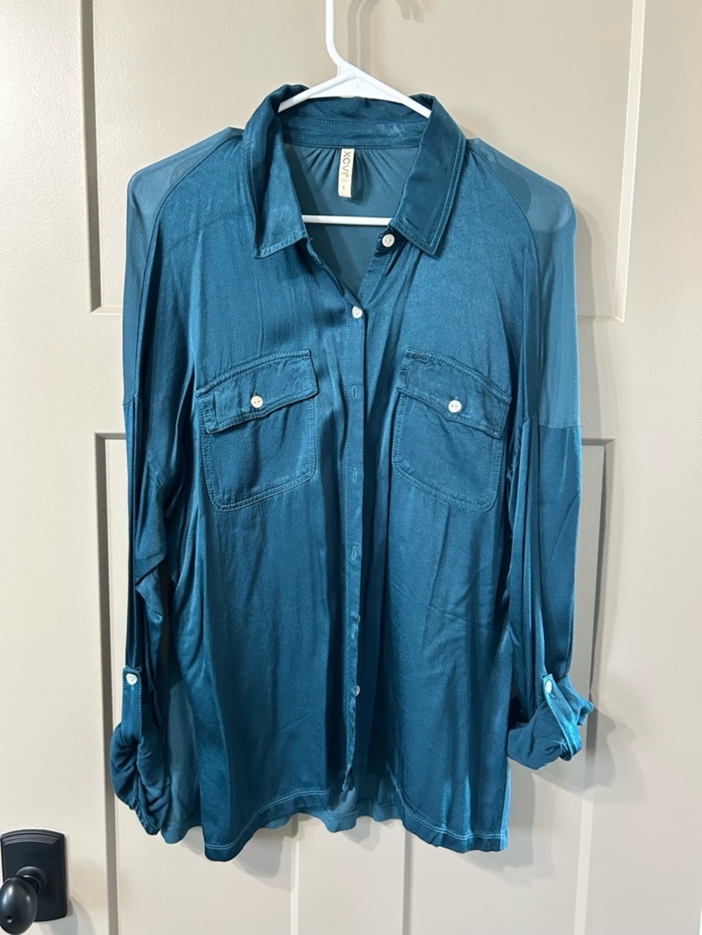XCVI Dark Teal Satin-Look Button Front Blouse NWOT